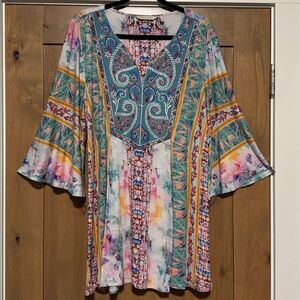 Soft Surroundings heavily Embroidered Tunic Blouse Womens L Bohemian Bell Sleeve